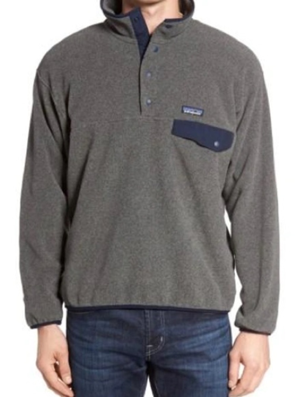 Patagonia Men’s Gray Fleece Snap Pullover with Navy Pocket Trim EUC